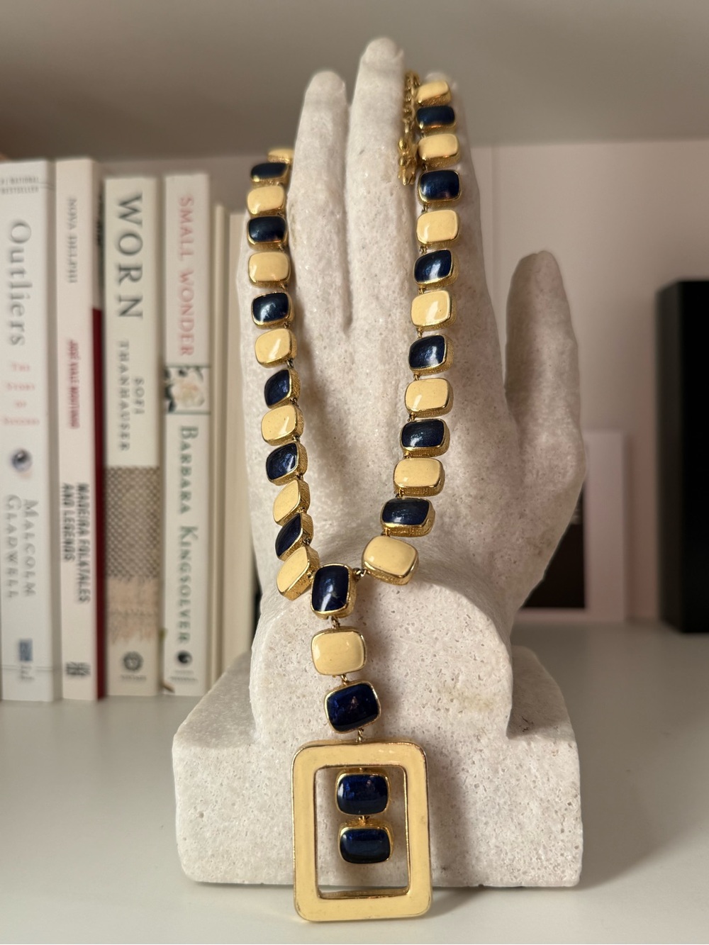 Vintage Vendome Gold Tone Necklace with Navy and Cream Rectangular Links